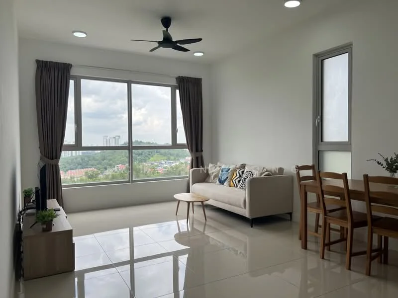 Living features: 3-seater fabric sofa in beige, coffee table, TV console, floor-to-ceiling windows, curtains, ceiling fan, recessed LED downlights, glossy tile flooring, decorative plants, dining table with chairs; style: modern; view: city.