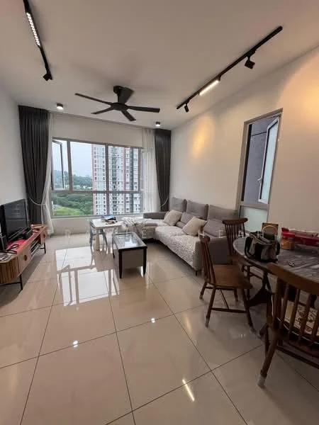 Living features: 3-seater fabric sofa in light grey, coffee table, TV console, wall-mounted TV, area rug, floor-to-ceiling windows, curtains, 5-blade ceiling fan with light, recessed LED downlights, polished ceramic tile flooring, decorative wall art, wooden dining table, 2 wooden chairs; style: modern; view: city.