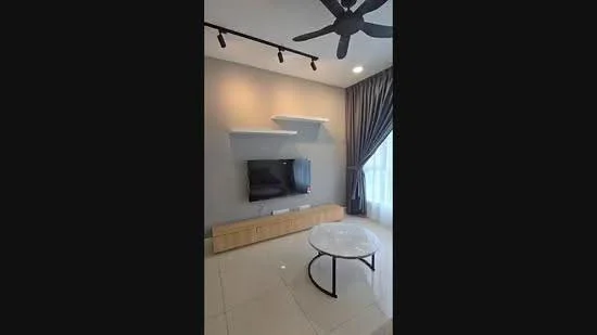 Living features: light grey painted walls, polished tile flooring, 5-blade ceiling fan with light, wall-mounted TV, wooden TV console, floating shelves, round marble coffee table, floor-to-ceiling windows with sheer curtains; style: modern.