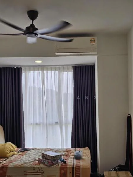 Bedroom features: queen-size bed, yellow decorative pillows, 2 sheer curtains, dark purple blackout curtains, wall-mounted split AC, 5-blade ceiling fan, recessed ceiling lights, bedside table, decorative bedspread, floor-to-ceiling windows; style: modern.