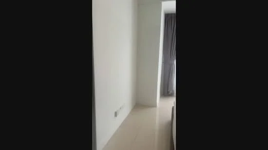 Room features: white painted walls, glossy tile flooring, floor-to-ceiling window, grey curtains.