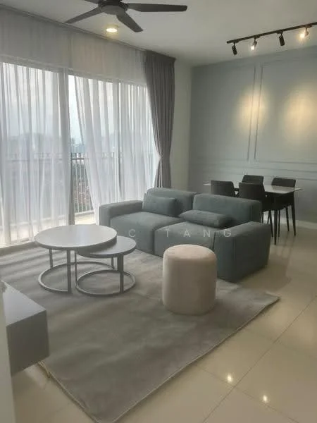 Living features: 3-seater fabric sofa in light grey, round coffee table with metal base, ottoman in beige, area rug in light grey, floor-to-ceiling windows with sheer curtains, recessed LED downlights, ceiling fan, dining table for four in black, black dining chairs, light grey wall with paneling; style: modern; view: city.