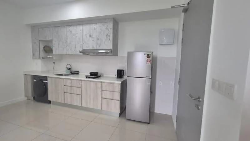 Kitchen features: light wood cabinetry, white countertop, stainless-steel fridge, built-in oven, stainless-steel sink, chrome pull-down faucet, ceramic tile flooring, washing machine, microwave, wall-mounted extractor hood, open shelving, white tiled backsplash; style: modern.