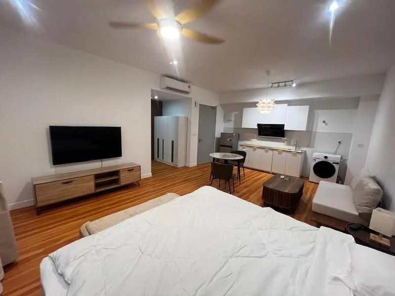 Living features: wooden flooring, white painted walls, 5-blade ceiling fan with light, wall-mounted TV, TV console, sofa, round dining table, 2 dining chairs, kitchen with white cabinetry, stainless-steel fridge, built-in oven, freestanding washing machine, kitchen countertop, recessed downlights; style: modern.