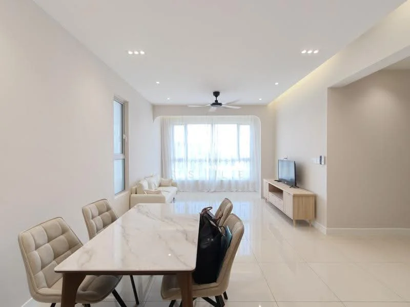 Living features: white painted walls, glossy tile flooring, 5-blade ceiling fan with light, floor-to-ceiling windows, sheer curtains, sofa in white, TV console, wall-mounted TV, dining table with marble top, upholstered dining chairs, decorative wall lighting; style: modern; view: city.