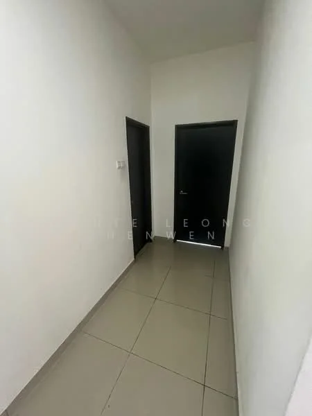 Hallway features: white painted walls, grey floor tiles, two black doors, light switch, narrow corridor.