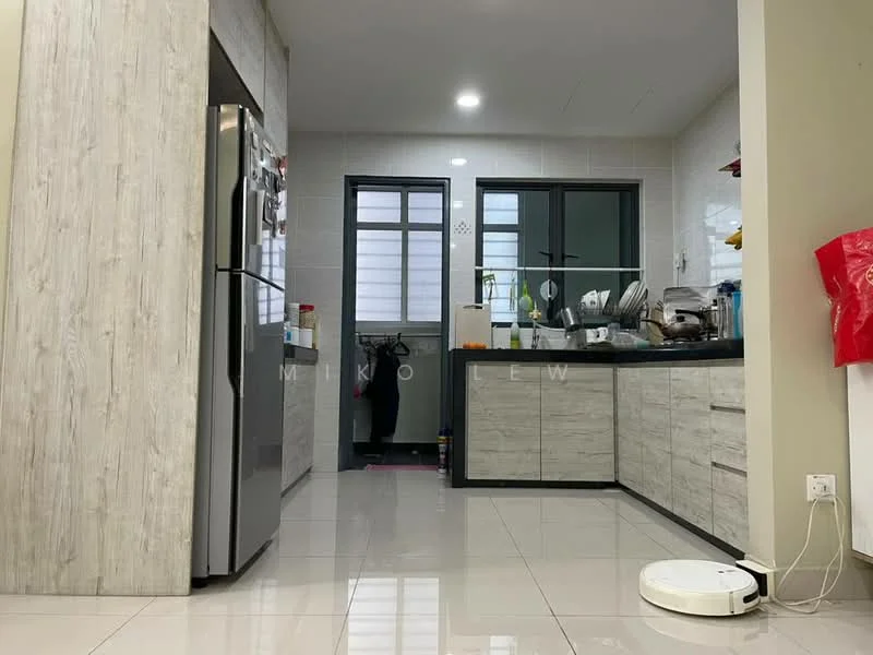 Kitchen features: grey laminate cabinetry, black countertop, stainless-steel fridge, built-in oven, ceramic tile flooring, white walls, window with grid pattern, sink, dish rack, kitchen appliances, robot vacuum, open shelving; style: modern.