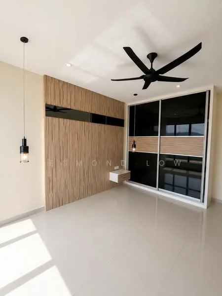 Room features: light-colored walls, wood accent wall, sliding glass door, floor-to-ceiling windows, recessed downlights, 1 ceiling fan, pendant light fixture, glossy tile flooring; style: modern; view: city.