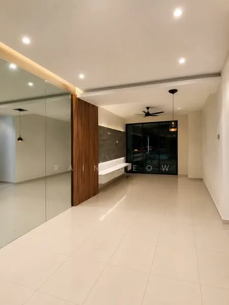 Living features: white painted walls, grey accent wall, polished tile flooring, 5-blade ceiling fan with light, recessed downlights, pendant lamp, large glass sliding door, wood feature wall, built-in bench seating, open layout; style: modern.
