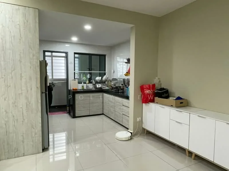 Kitchen features: grey wood cabinetry, black countertop, stainless-steel fridge, built-in oven, 4-burner gas hob, white tiled backsplash, double-bowl stainless-steel sink, chrome pull-down faucet, floor-to-ceiling windows, white ceramic tile flooring, recessed downlights, open shelving, kitchen island, wall-mounted cabinets; style: modern. Room features: white painted walls, light grey accent wall, white storage cabinet, floor-to-ceiling windows.
