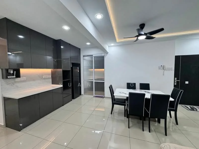 Kitchen features: black glossy cabinetry, white marble countertop, built-in oven, stainless-steel fridge, single-bowl stainless-steel sink, chrome pull-down faucet, tile backsplash, recessed downlights; style: modern. Dining features: 6-seater dining table, upholstered dining chairs in black, ceiling fan with light, white walls, tile flooring, decorative ceiling with LED strip lighting; style: modern.