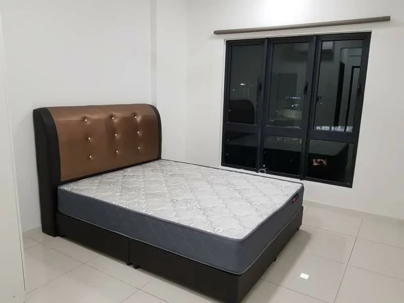 Bedroom features: king-size bed, upholstered headboard with buttons, white painted walls, floor-to-ceiling windows, black window frames, tile flooring, curtain rod, unmade mattress; style: modern; view: city.