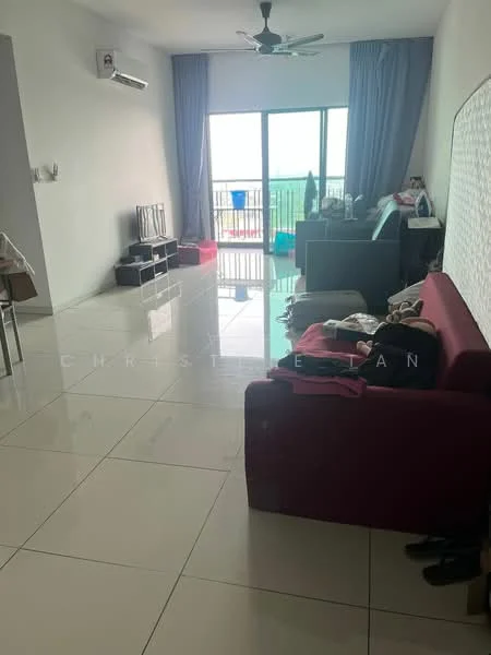 Living features: red fabric sofa, coffee table, TV console, wall-mounted TV, floor-to-ceiling windows, sliding glass door, white painted walls, glossy white tile flooring, ceiling fan, decorative items on shelves, balcony view; style: modern; view: city.