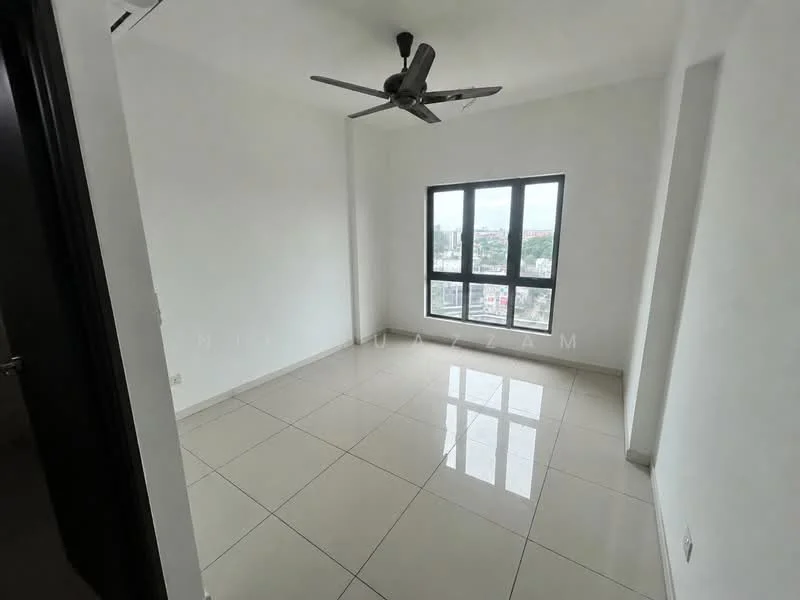 Room features: white painted walls, glossy ceramic tile flooring, 5-blade ceiling fan, large floor-to-ceiling windows, city view, neutral color scheme, no visible furniture, bright natural light; style: modern; view: city.