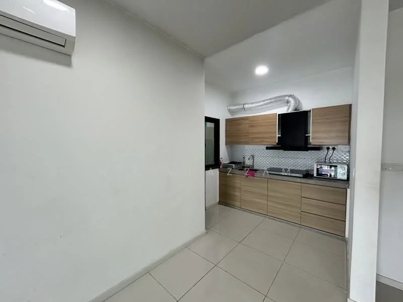 Kitchen features: white painted walls, tile flooring, wood cabinetry, stainless-steel sink, chrome pull-down faucet, built-in oven, microwave, stainless-steel range hood, 4-burner gas hob, backsplash with geometric pattern, wall-mounted split AC; style: modern.