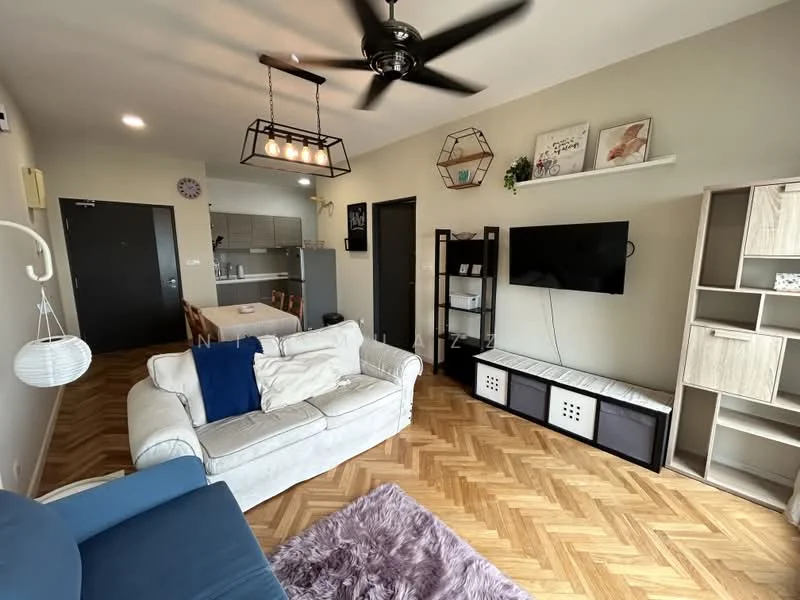Living features: 3-seater fabric sofa in white, blue accent chair, area rug with geometric pattern in purple, wooden coffee table, wall-mounted TV, TV console with storage, ceiling fan with light, herringbone patterned wooden flooring, decorative wall shelf, hanging pendant light, open shelving unit, dining table with chairs in background; style: modern.