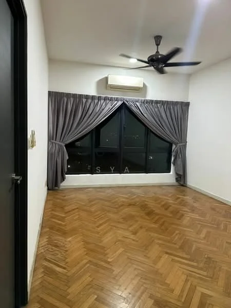 Room features: herringbone parquet wood flooring, white painted walls, ceiling fan, wall-mounted air conditioning unit, floor-to-ceiling windows, grey curtains, city view; style: modern; view: city.