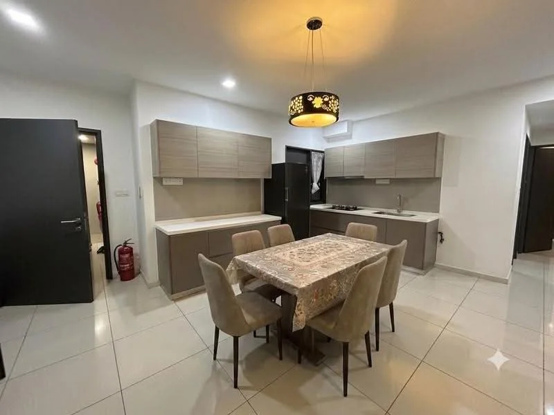 Kitchen features: white painted walls, glossy ceramic tile flooring, modern cabinetry in light brown, kitchen island with storage, stainless-steel fridge, built-in oven, 4-burner gas hob, single-bowl stainless-steel sink, chrome pull-down faucet, dining table with 6 upholstered chairs, pendant light fixture, recessed LED downlights; style: modern.