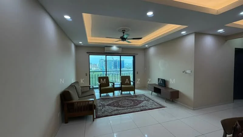 Living features: white painted walls, glossy white tile flooring, tray ceiling with recessed lighting, 5-blade ceiling fan with light, floor-to-ceiling sliding glass door, curtains, wooden sofa set, two armchairs, coffee table, area rug with geometric pattern, wall-mounted TV console; style: modern; view: city.