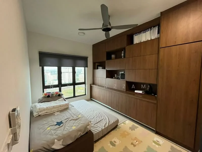 Bedroom features: single bed with bedding, wooden built-in wardrobe, wooden shelving unit, floor-to-ceiling window, roller blinds, ceiling fan, carpet with animal patterns, decorative wall paneling, neutral wall color; style: modern; view: city.