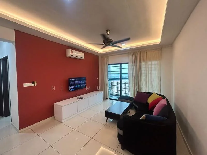 Living features: black fabric sofa with colorful cushions, white TV console, wall-mounted TV, recessed LED downlights, 5-blade ceiling fan with light, cream curtains, white tiled flooring, red accent wall, air conditioning unit on wall, floor-to-ceiling windows with balcony access; style: modern; view: city.