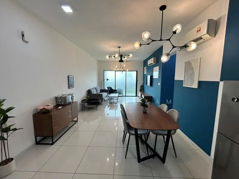 Dining features: dining table with 6 chairs, pendant light fixture with multiple bulbs, white walls, blue accent wall, floor-to-ceiling windows, sliding glass door, ceramic tile flooring, 1 wall-mounted split AC, wooden sideboard, decorative wall art, indoor plant; style: modern. Living features: 2-seater fabric sofa in grey, coffee table, wall-mounted TV, 1 wall-mounted split AC; style: modern.