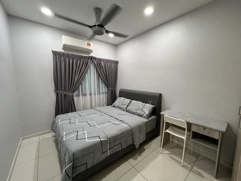 Bedroom features: queen-size bed with grey bedding, upholstered headboard, 2 bedside lamps, study desk with chair, floor-to-ceiling window, sheer curtains, grey painted walls, white ceiling, 5-blade ceiling fan with light, air conditioning unit, tile flooring; style: modern.