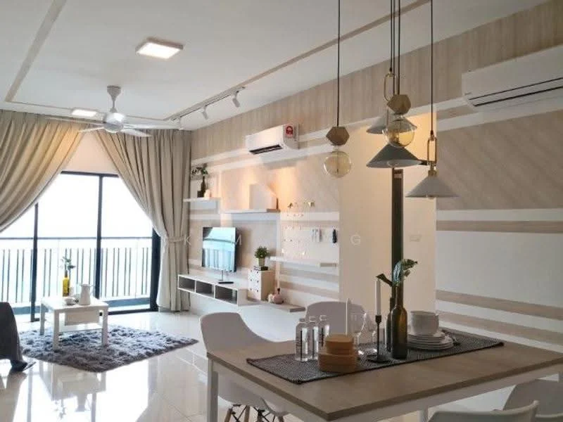 Living features: floor-to-ceiling windows, grey area rug, 3-blade ceiling fan, recessed LED downlights, wall-mounted TV, TV console, white dining table, white dining chairs, decorative pendant lights, cream painted walls with wood paneling, sliding glass door, curtains, built-in shelving unit, decorative plants; style: modern; view: city.