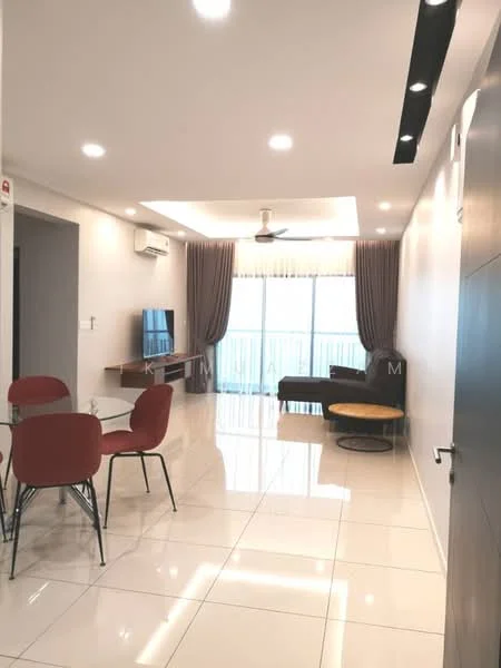 Living features: white painted walls, glossy tile flooring, recessed downlights, 5-blade ceiling fan with light, floor-to-ceiling windows, sheer curtains, black leather sofa, wooden coffee table, TV console, wall-mounted TV, dining table with red chairs; style: modern; view: city.