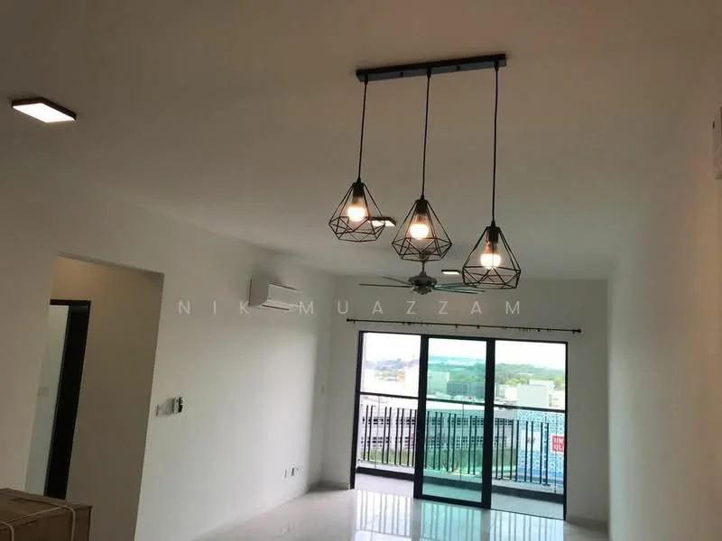 Living features: white painted walls, polished tile flooring, 5-blade ceiling fan with light, 3 pendant lights with geometric design, floor-to-ceiling sliding glass door, balcony access, air conditioning unit, window with city view; style: modern; view: city.
