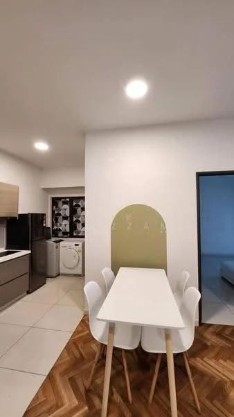 Kitchen features: white painted walls, light-colored cabinetry, grey lower cabinets, stainless-steel fridge, built-in oven, ceramic tile flooring, white dining table, four white dining chairs, washer-dryer combo, window with patterned treatment, recessed downlights; style: modern.