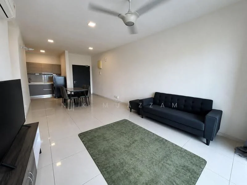 Living features: 3-seater fabric sofa in black, area rug in green, wall-mounted TV, TV console, ceiling fan, white painted walls, tile flooring, large windows, dining table with chairs visible in background, open layout to kitchen; style: modern.