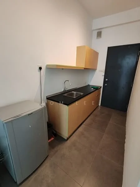 Kitchen features: single-bowl stainless-steel sink, chrome pull-down faucet, black countertop, wood cabinetry, grey fridge, grey tile flooring, white painted walls, wall-mounted electrical outlet; style: modern.