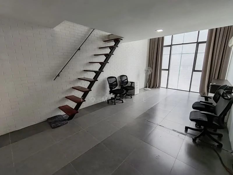 Room features: white painted walls, exposed brick wall, grey tile flooring, wooden staircase, large windows, curtains, 2 office chairs, ceiling light, fan; style: modern.