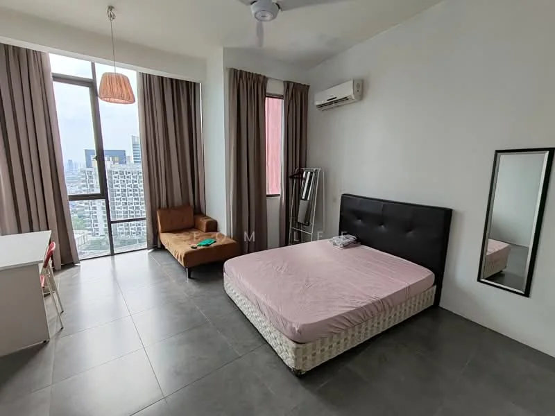 Bedroom features: king-size bed with upholstered headboard, grey wall with white painted walls, floor-to-ceiling windows, curtains, 1 wall-mounted split AC, ceiling fan, mirror, side chair, desk, tile flooring, decorative pendant light; style: modern; view: city.