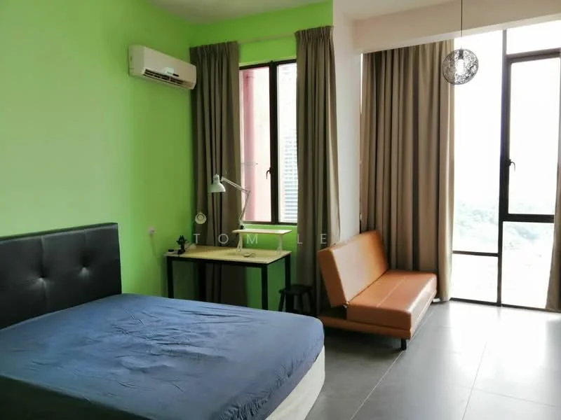 Bedroom features: green painted walls, grey tiled flooring, king-size bed with black upholstered headboard, floor-to-ceiling windows, sheer curtains, brown leatherette sofa, study desk with lamp, wall-mounted air conditioning unit; style: modern; view: city.