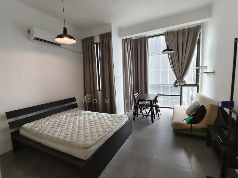 Room features: queen-size bed, mattress on bed frame, sofa, dining table with chairs, floor-to-ceiling windows, grey tiled flooring, white painted walls, wall-mounted air conditioning unit, curtains, ceiling pendant light; style: modern; view: city.