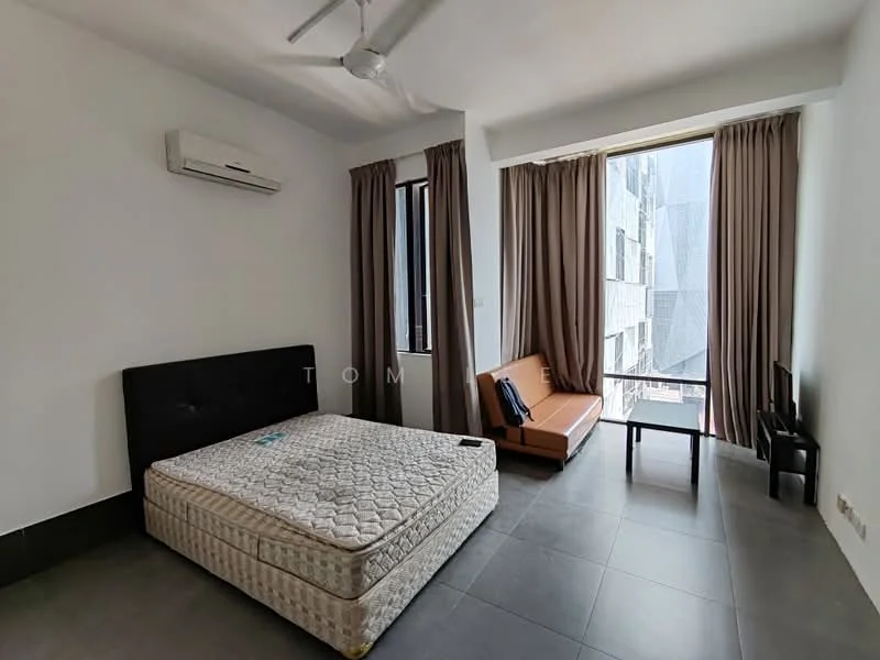 Bedroom features: queen-size bed, upholstered headboard, 2-seater sofa in orange, coffee table, floor-to-ceiling windows, curtains in beige, wall-mounted split AC, grey tiled flooring, white painted walls, ceiling fan; style: modern; view: city.