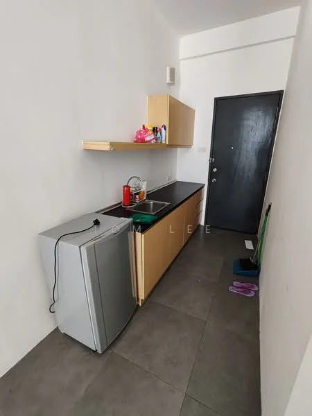 Kitchen features: grey tiled flooring, white painted walls, black countertop, wood cabinetry, stainless-steel sink, single-bowl stainless-steel sink, built-in stove, refrigerator, kitchen utensils on shelf, door leading to hallway; style: modern.