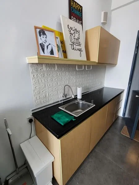Kitchen features: black granite countertop, single-bowl stainless-steel sink, chrome pull-down faucet, light wood cabinetry, white brick backsplash, wall-mounted shelf with decor, grey tile flooring, under-cabinet lighting; style: modern.