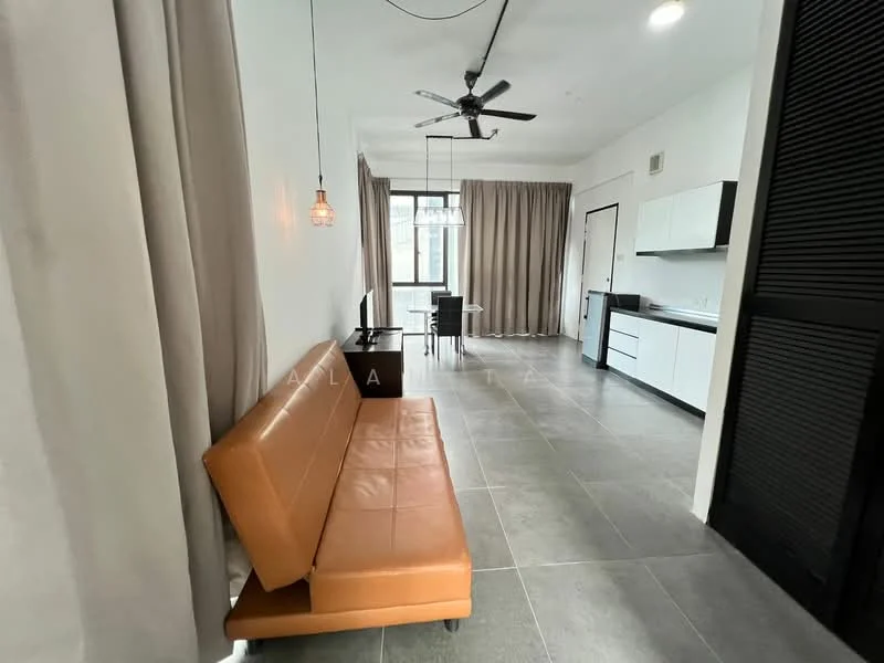 Living features: brown leather sofa, 5-blade ceiling fan with light, floor-to-ceiling windows, grey tiled flooring, white painted walls, curtains, dining table for 2, black kitchen cabinetry, white kitchen countertops, kitchen sink, built-in kitchen appliances; style: modern.