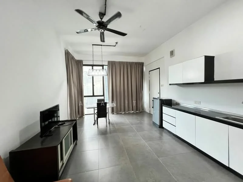 Living features: grey tile flooring, white painted walls, 5-blade ceiling fan with light, floor-to-ceiling windows, sheer curtains, black dining table with chairs, TV console, wall-mounted TV, kitchenette with black cabinets, stainless-steel sink, built-in cabinets, recessed downlights; style: modern.