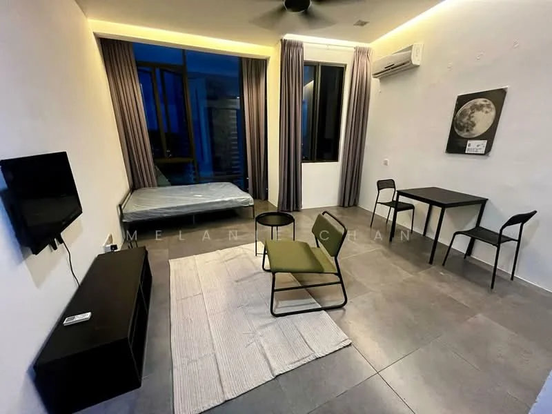 Living features: grey tiled flooring, white painted walls, 5-blade ceiling fan with light, floor-to-ceiling windows, black TV console, wall-mounted TV, green accent chair, black dining table, 2 black dining chairs, queen-size bed with mattress, sheer curtains; style: modern; view: city.