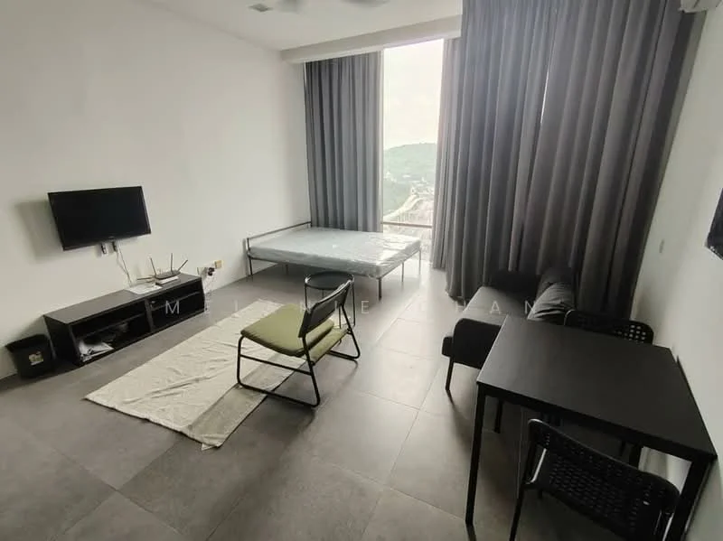 Living features: grey tiled flooring, white painted walls, floor-to-ceiling windows, black TV console, wall-mounted TV, black sofa, green armchair, black dining table, single mattress on bed frame, sheer curtains, area rug, ceiling fan; style: modern; view: mountain.