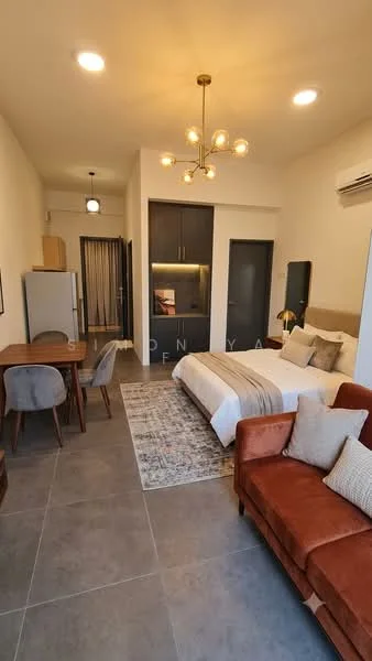 Living features: queen-size bed with white bedding, upholstered headboard, 2 bedside lamps, wooden dining table with 2 chairs, 3-seater fabric sofa in orange, area rug with geometric pattern, wall-mounted TV, built-in wardrobe with sliding doors, refrigerator, air conditioning unit, recessed downlights, grey tile flooring, white painted walls; style: modern.