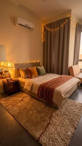 Bedroom features: queen-size bed with beige bedding, upholstered headboard, wooden bedside table, table lamp with fabric shade, decorative throw pillows in green and rust, area rug with geometric pattern, floor-to-ceiling window with sheer curtains, wall-mounted air conditioning unit, string lights along the wall, wooden chair, dark tile flooring; style: modern; view: city.