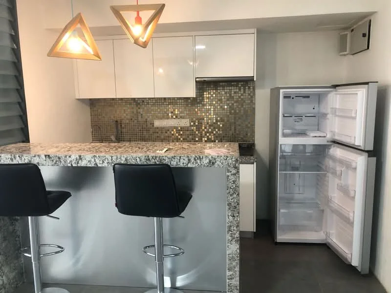 Kitchen features: granite countertop, white glossy cabinetry, mosaic tile backsplash, stainless-steel fridge, 2 bar stools, pendant lighting, built-in oven, sink, open shelving, grey tile flooring, recessed lighting, wall-mounted air conditioning unit; style: modern.