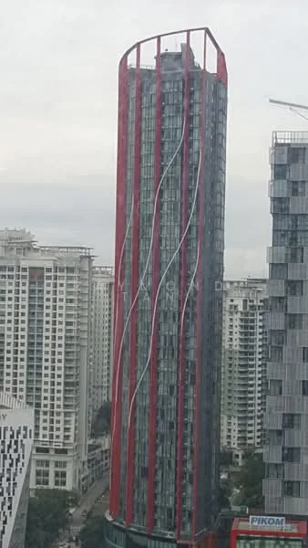 Exterior type: high-rise condominium; features: glass curtain wall, red accent facade, curved building design, approximately 20-storey high-rise, surrounded by urban landscape, visible neighboring buildings; style: modern.