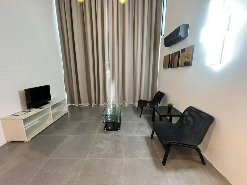 Living features: grey tile flooring, white painted walls, floor-to-ceiling windows with sheer curtains, black accent chairs, glass coffee table, white TV console, wall-mounted TV, air conditioning unit, decorative wall art, recessed lighting; style: modern.