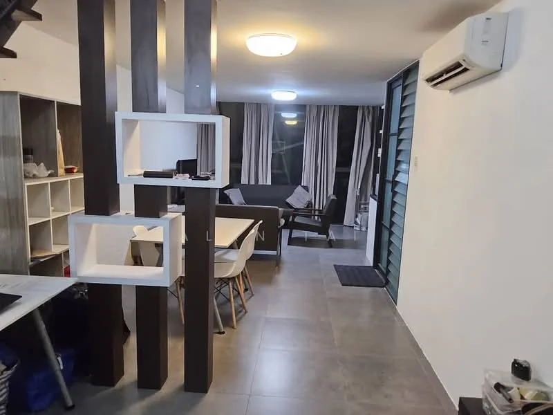 Living features: grey tiled flooring, white painted walls, recessed ceiling light, wall-mounted split AC, floor-to-ceiling windows, sheer curtains, black sofa with cushions, coffee table, open shelving unit, dining table with chairs; style: modern.